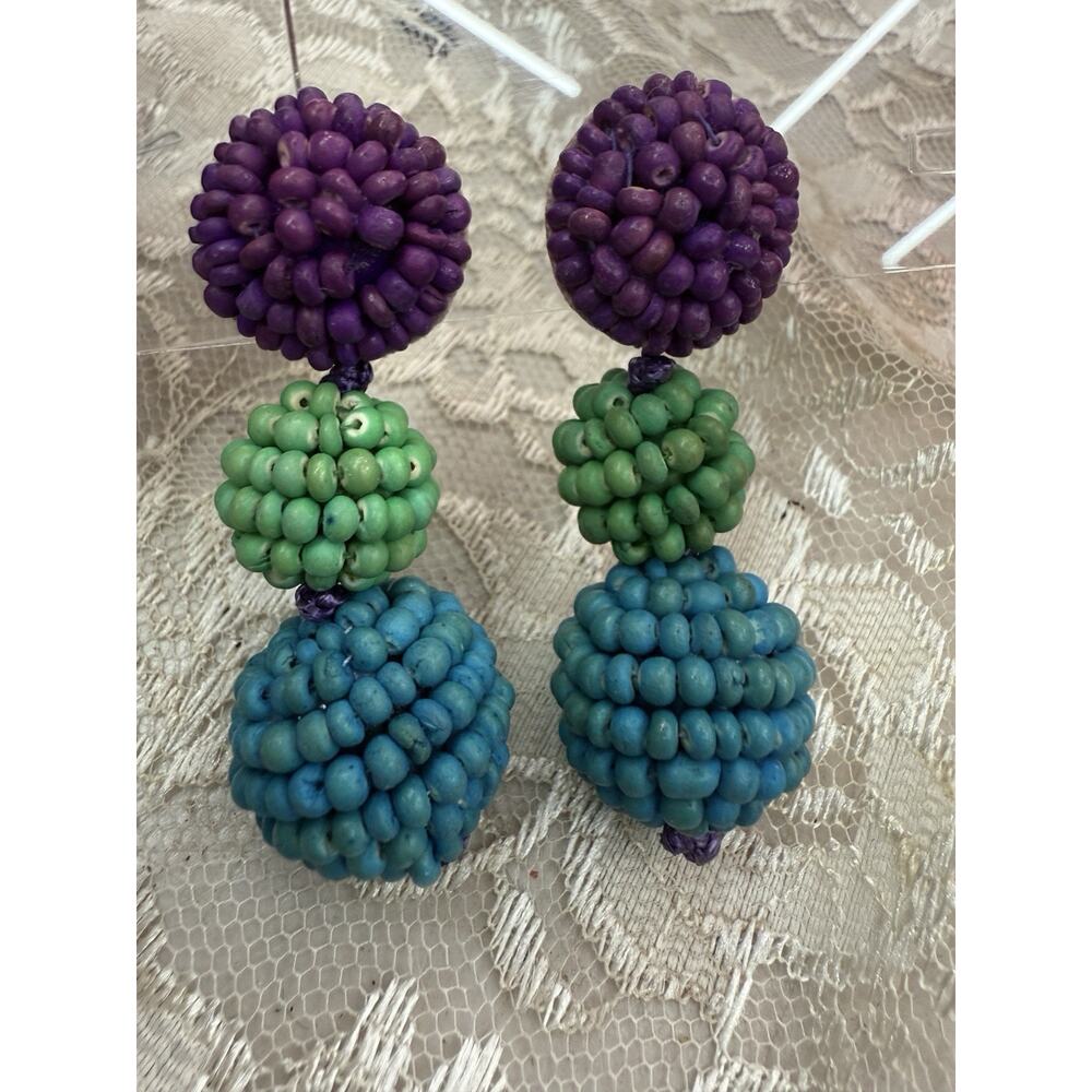 Vintage 80s 3” Wooden Dangle Bright Bold Beads Beadwork Earrings Summer Resort